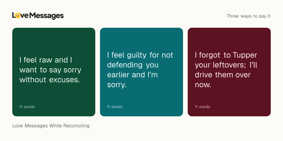 Three messages from this collection, each shown on a coloured card with its word count