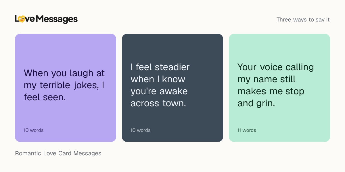 Three messages from this collection, each shown on a coloured card with its word count