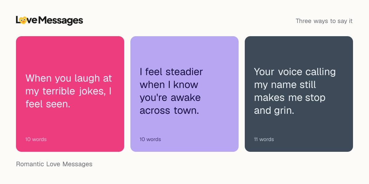 Three messages from this collection, each shown on a coloured card with its word count