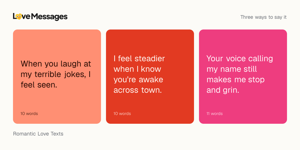 Three messages from this collection, each shown on a coloured card with its word count