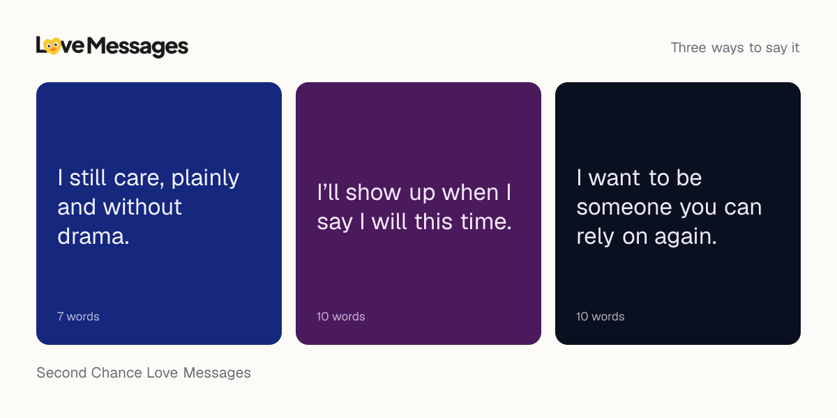 Three messages from this collection, each shown on a coloured card with its word count