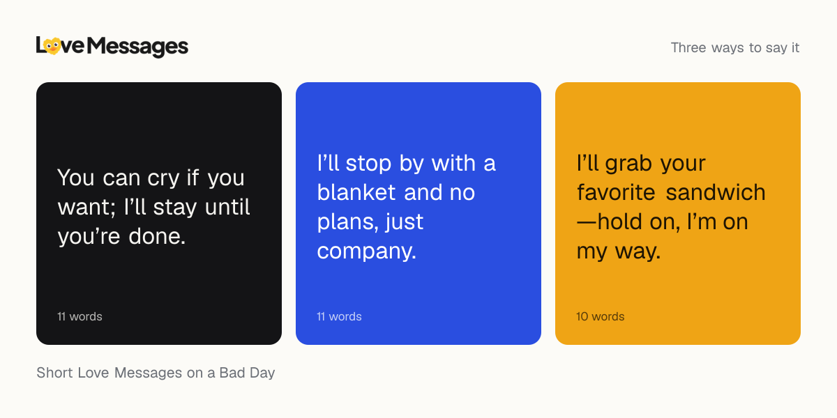 Three messages from this collection, each shown on a coloured card with its word count