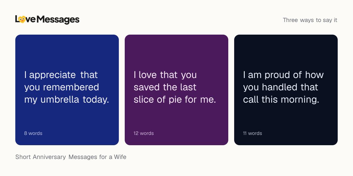 Three messages from this collection, each shown on a coloured card with its word count