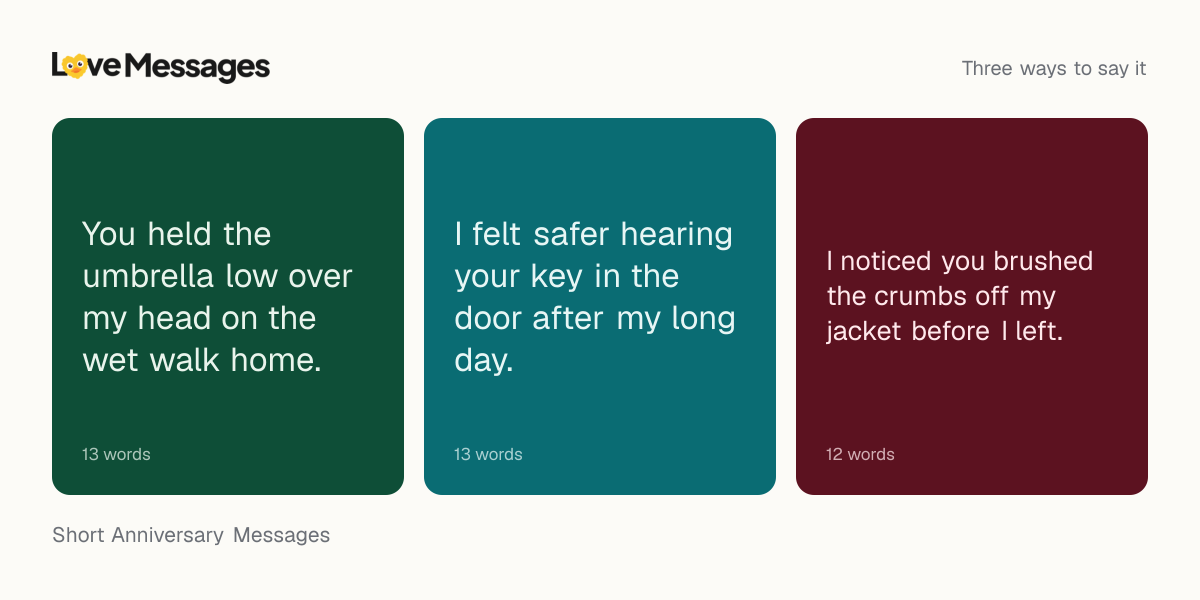 Three messages from this collection, each shown on a coloured card with its word count