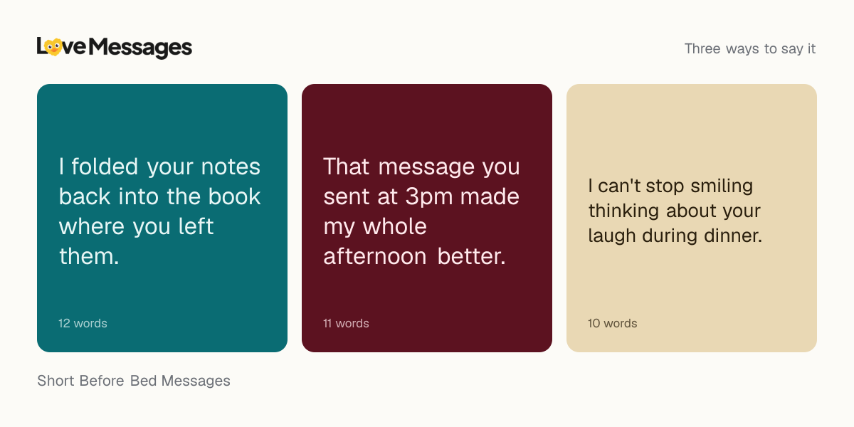 Three messages from this collection, each shown on a coloured card with its word count