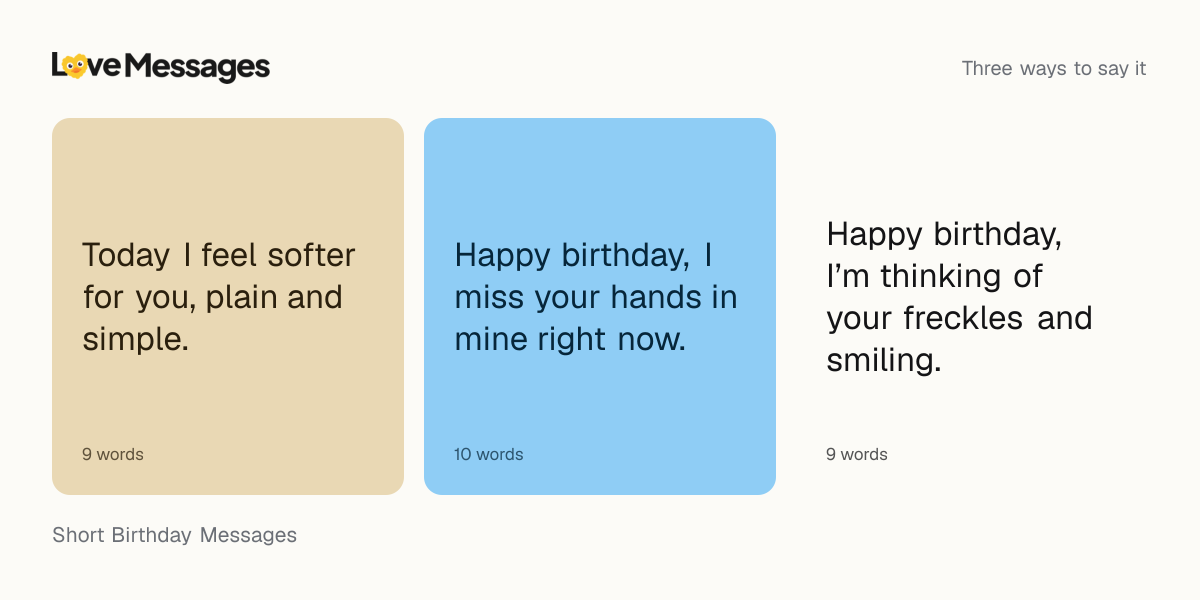 Three messages from this collection, each shown on a coloured card with its word count
