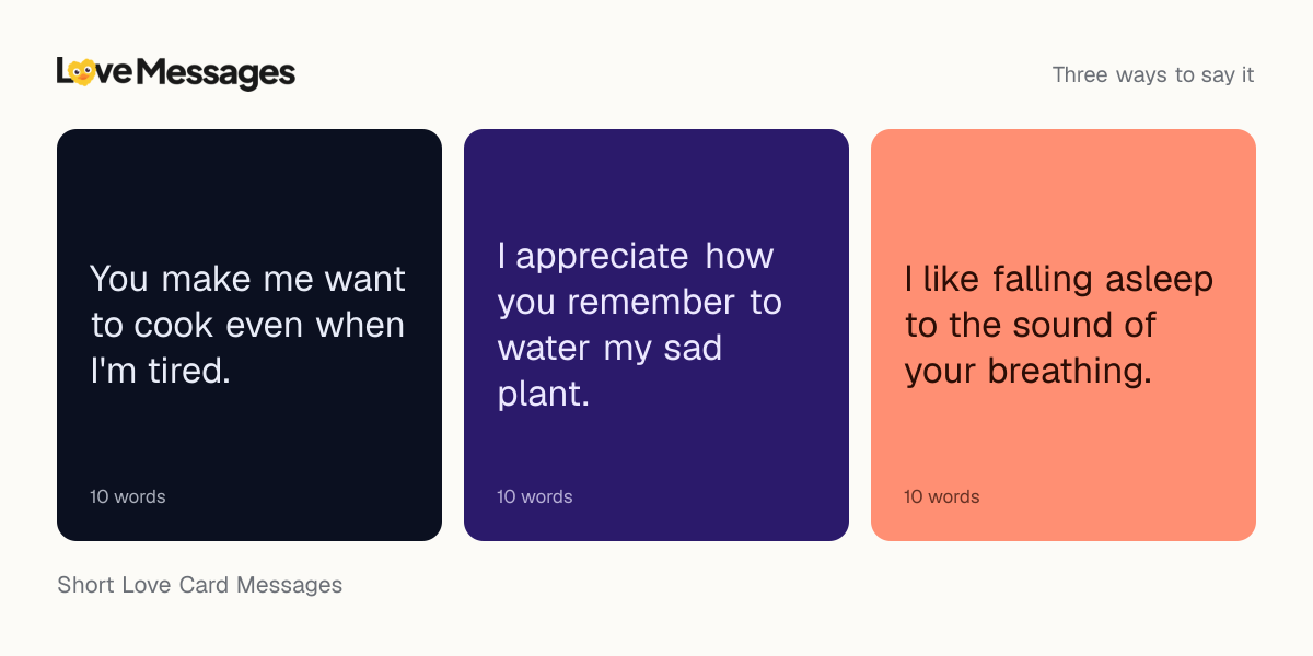 Three messages from this collection, each shown on a coloured card with its word count