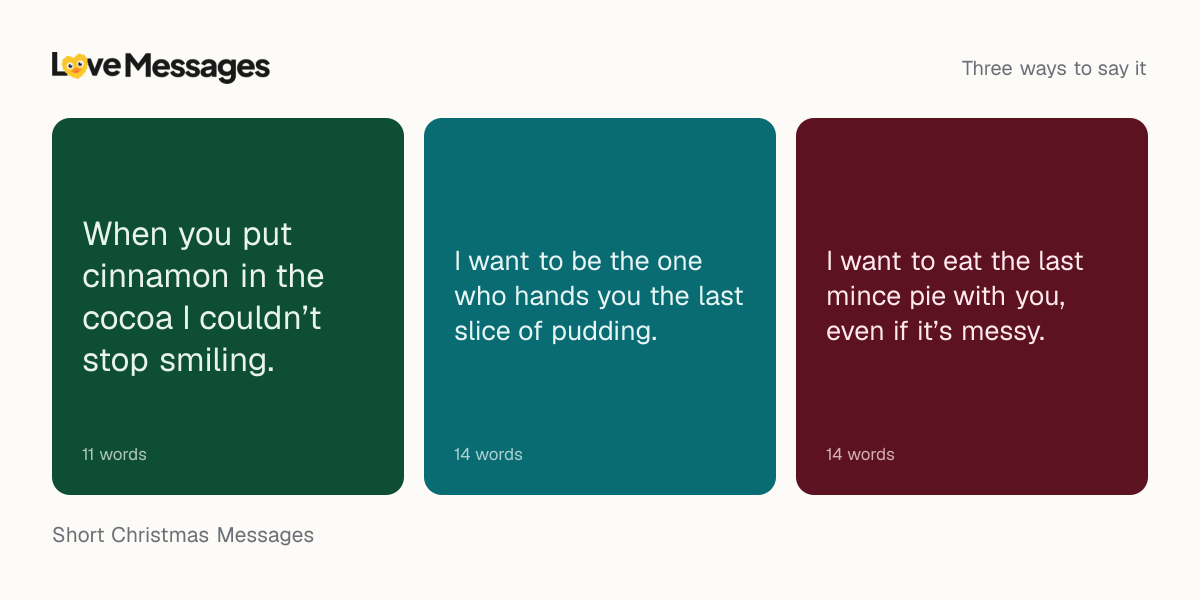 Three messages from this collection, each shown on a coloured card with its word count
