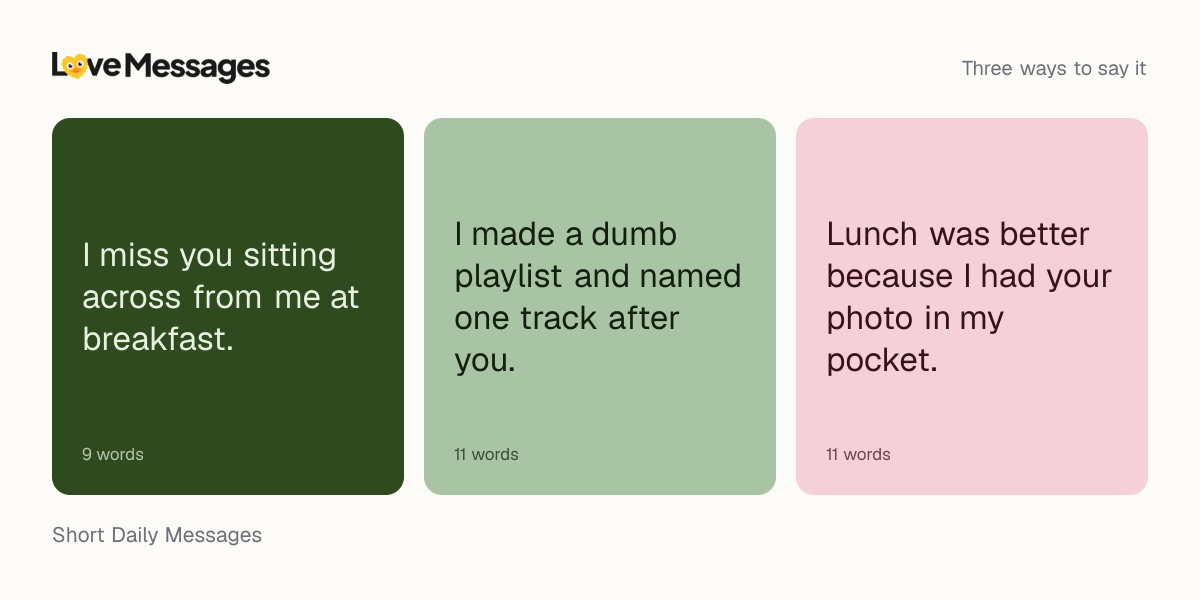 Three messages from this collection, each shown on a coloured card with its word count