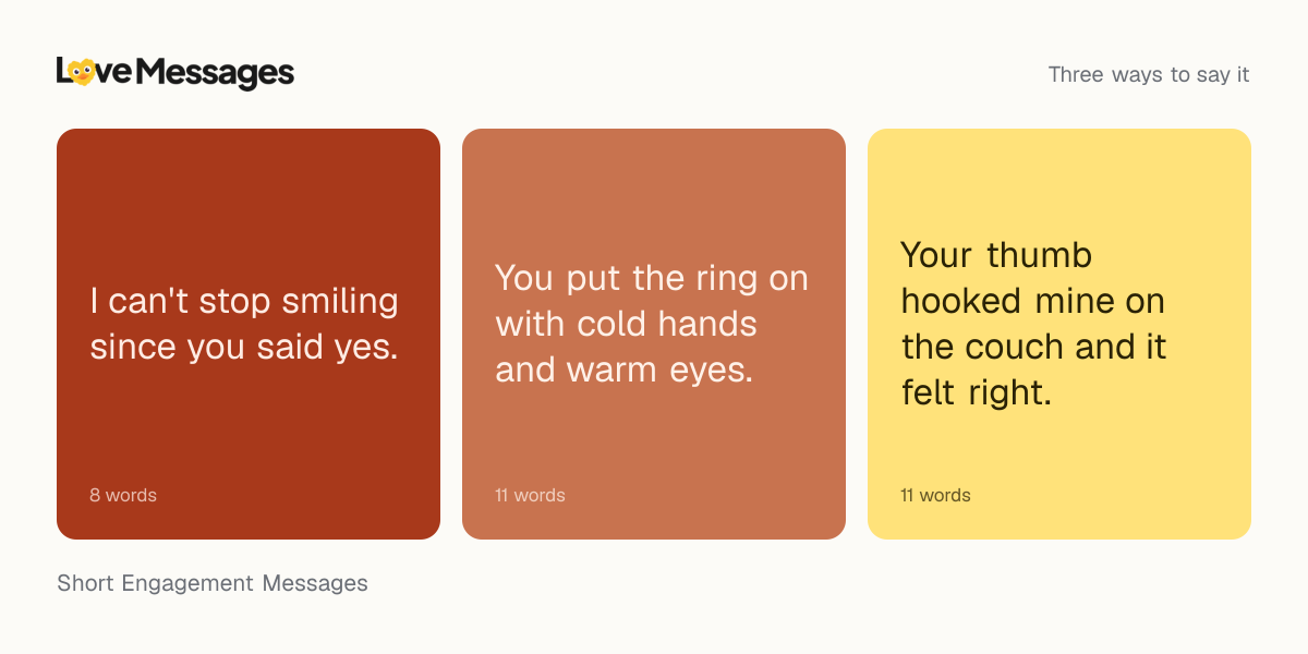 Three messages from this collection, each shown on a coloured card with its word count