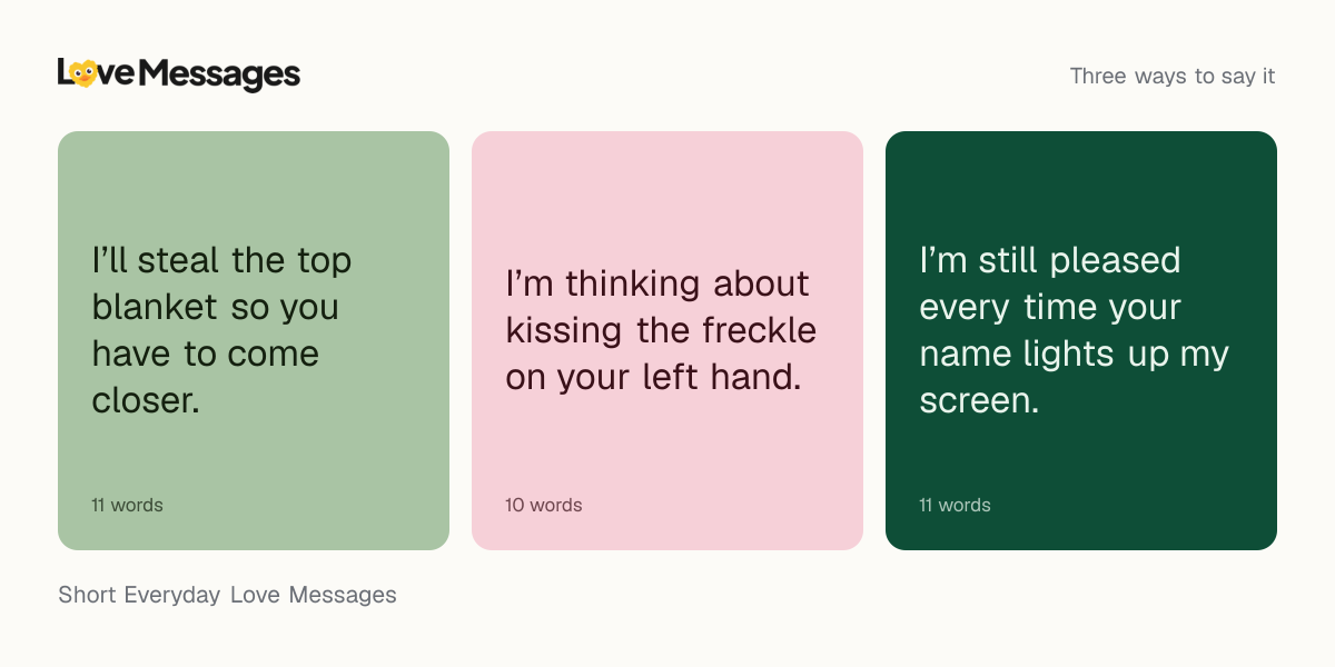 Three messages from this collection, each shown on a coloured card with its word count