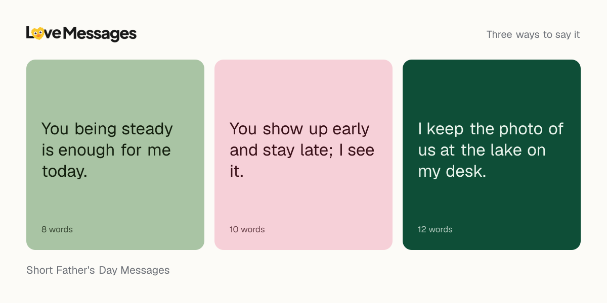 Three messages from this collection, each shown on a coloured card with its word count