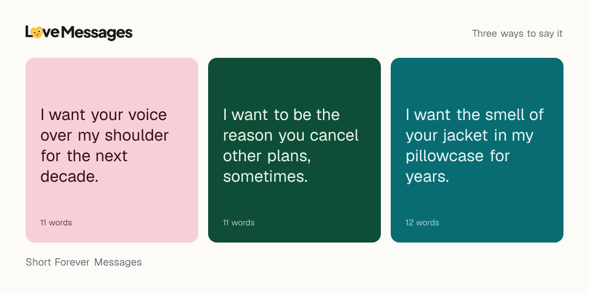 Three messages from this collection, each shown on a coloured card with its word count