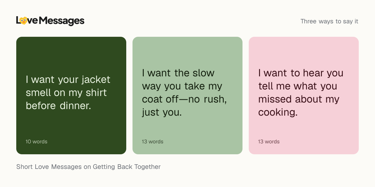 Three messages from this collection, each shown on a coloured card with its word count