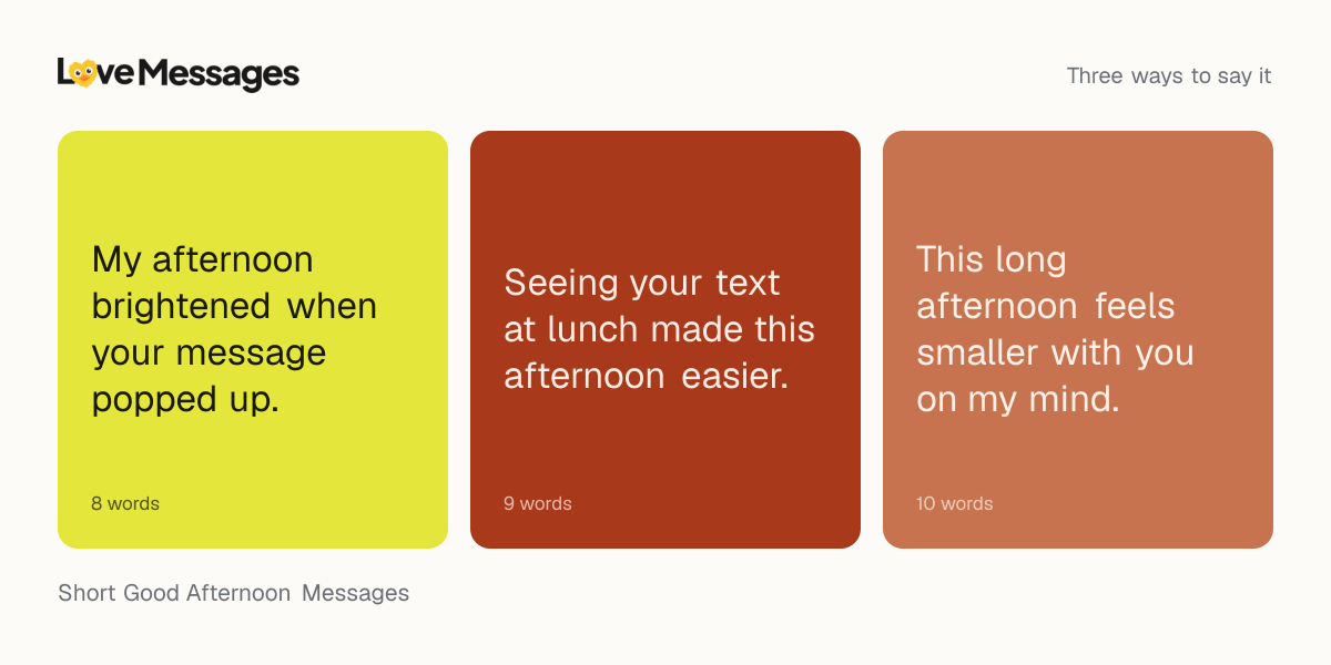 Three messages from this collection, each shown on a coloured card with its word count