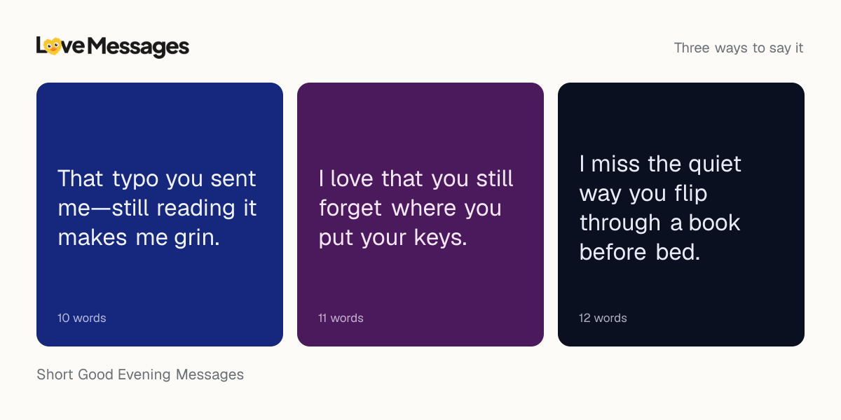 Three messages from this collection, each shown on a coloured card with its word count