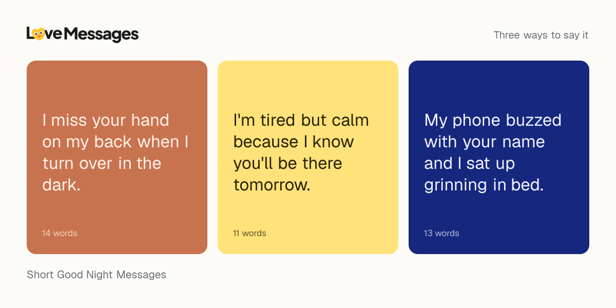 Three messages from this collection, each shown on a coloured card with its word count