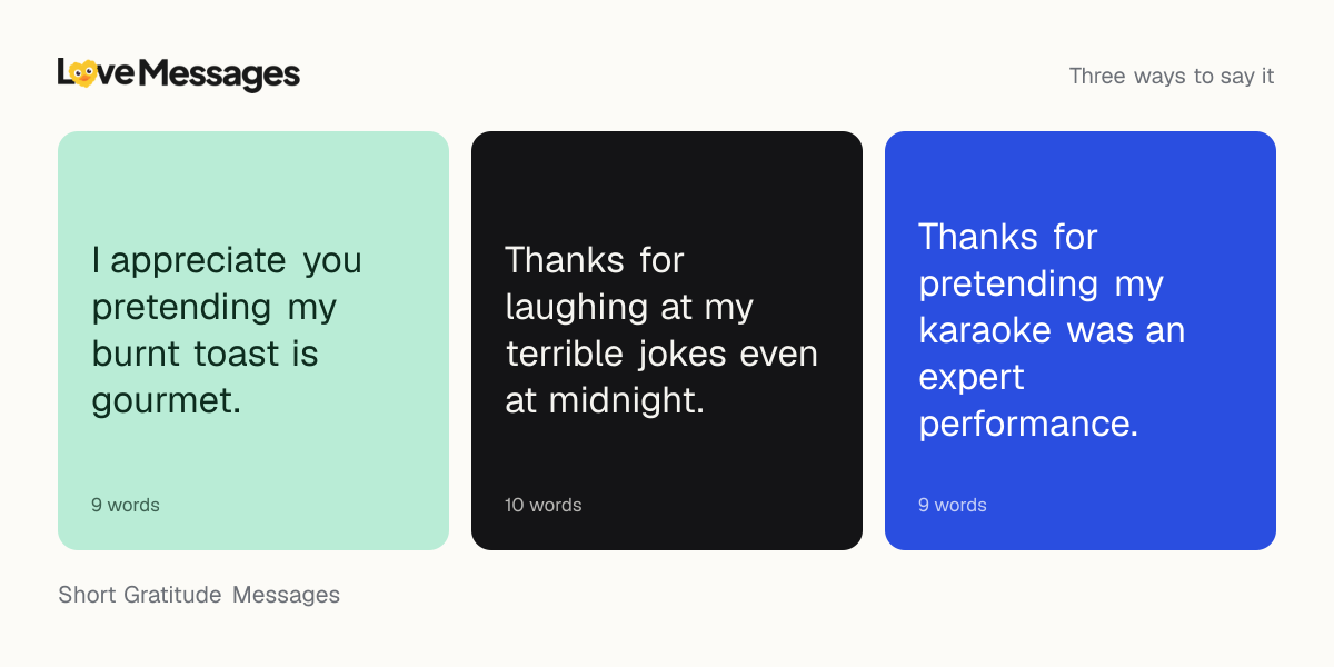 Three messages from this collection, each shown on a coloured card with its word count