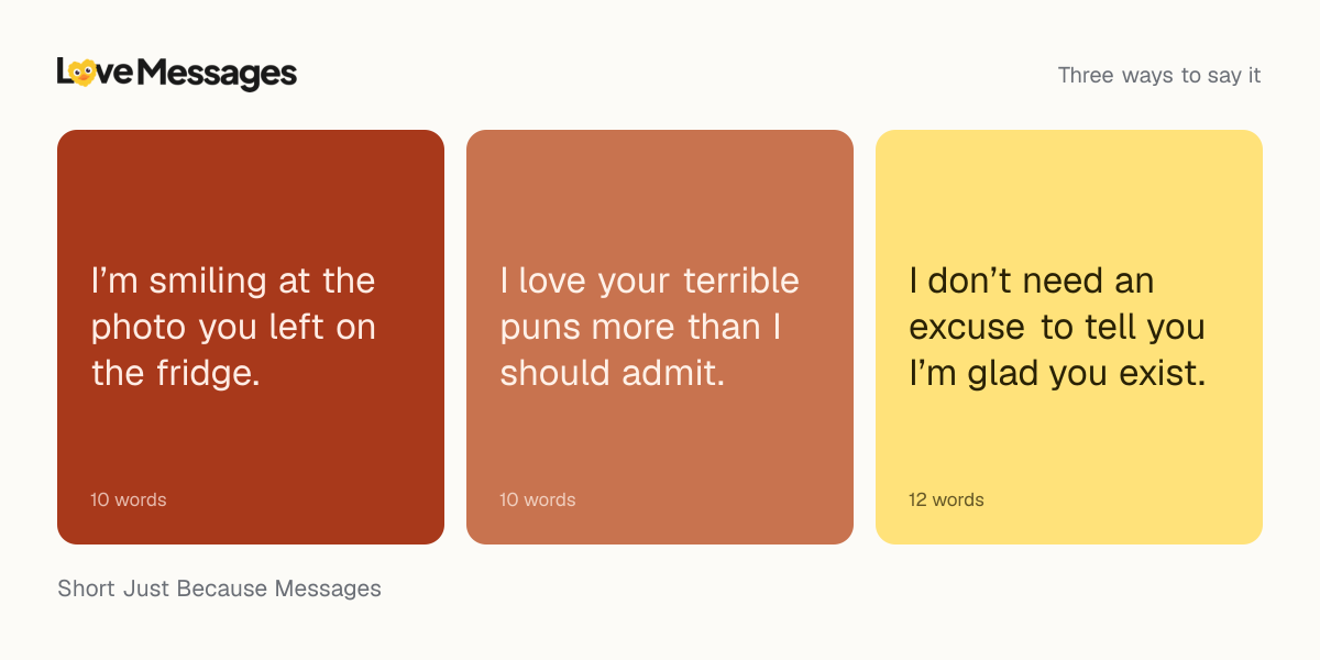 Three messages from this collection, each shown on a coloured card with its word count