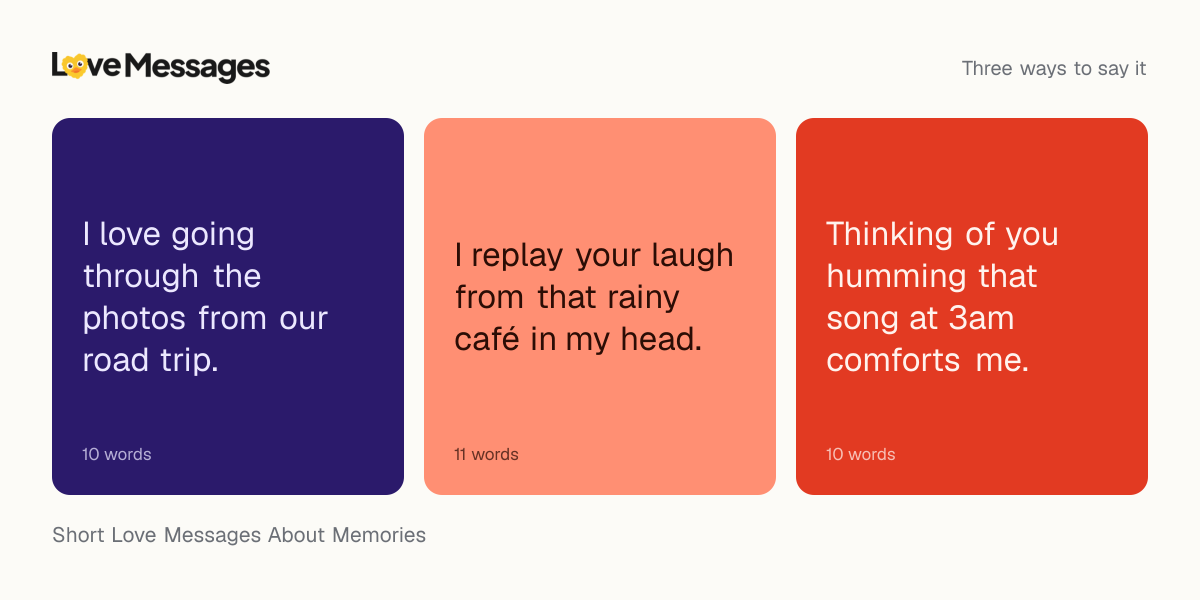 Three messages from this collection, each shown on a coloured card with its word count