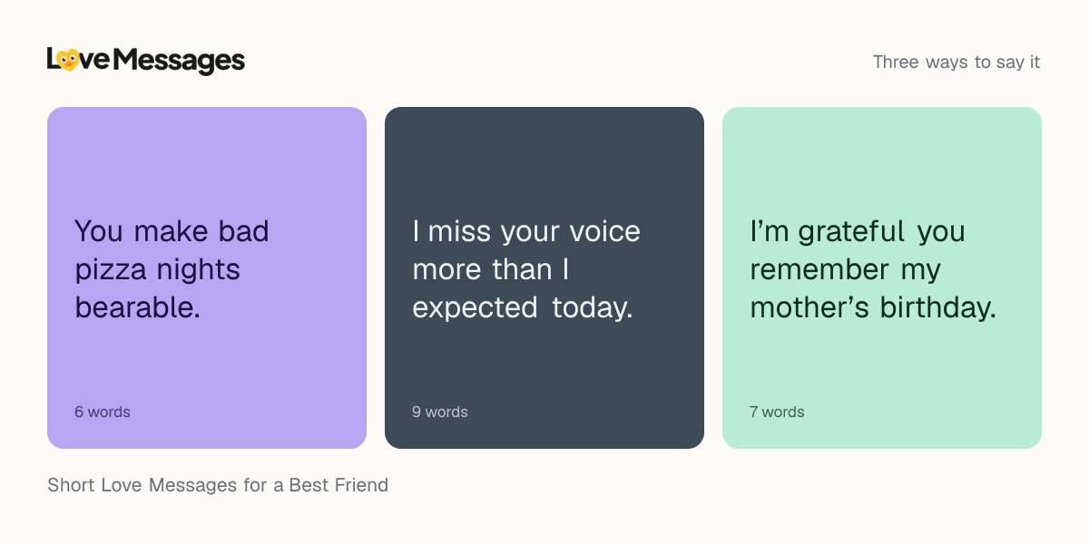 Three messages from this collection, each shown on a coloured card with its word count