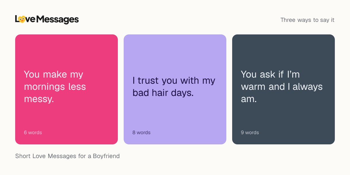 Three messages from this collection, each shown on a coloured card with its word count