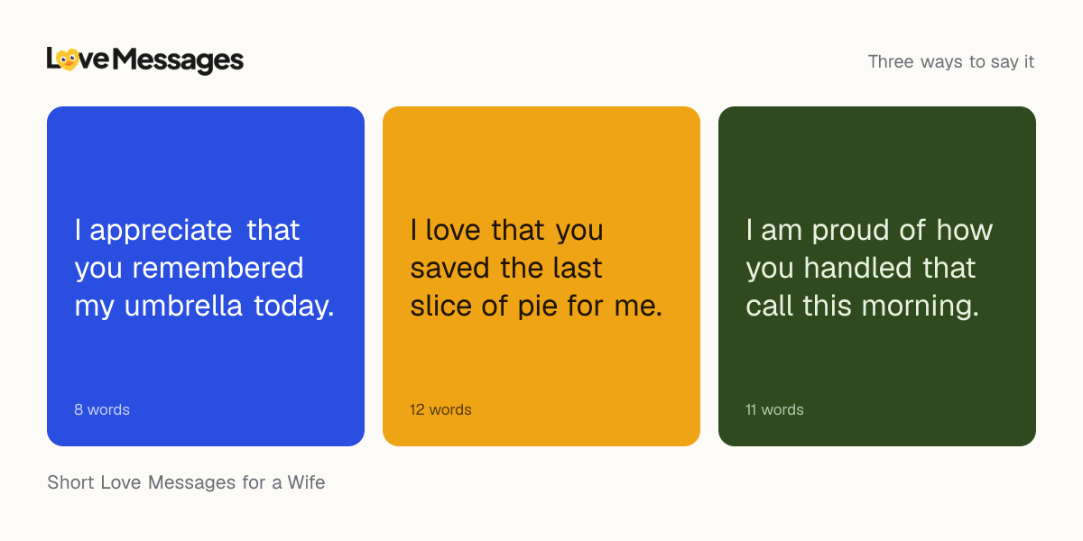 Three messages from this collection, each shown on a coloured card with its word count