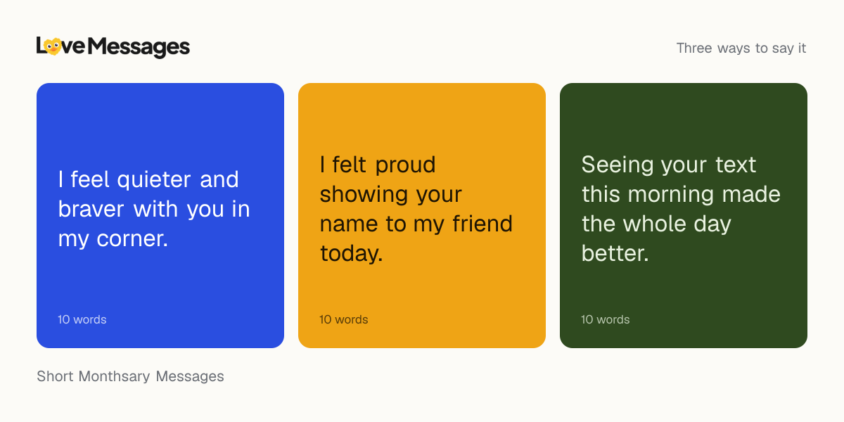 Three messages from this collection, each shown on a coloured card with its word count