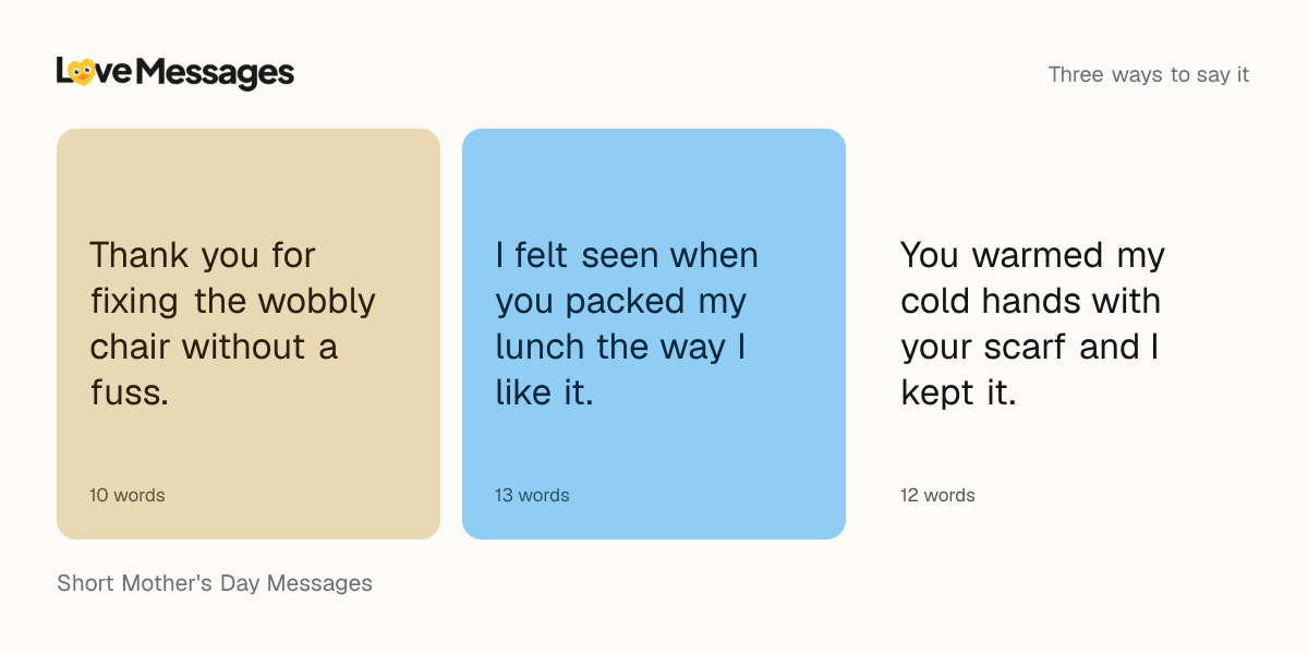 Three messages from this collection, each shown on a coloured card with its word count