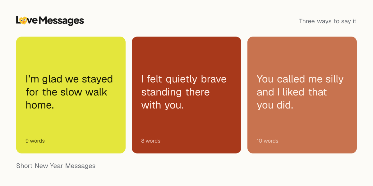 Three messages from this collection, each shown on a coloured card with its word count