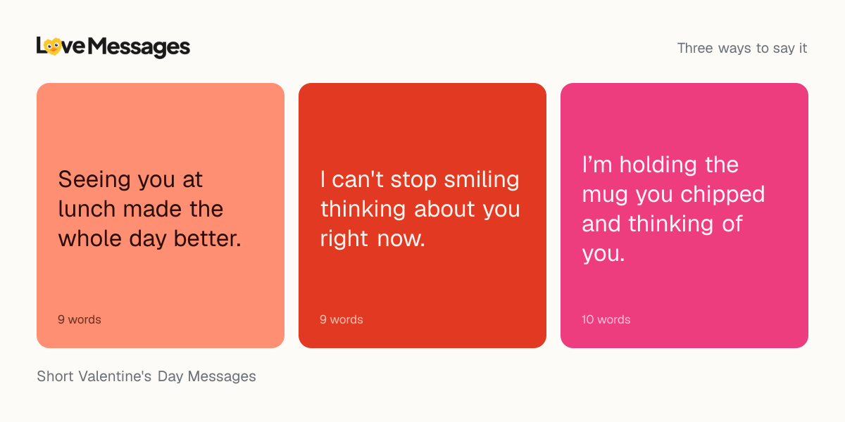 Three messages from this collection, each shown on a coloured card with its word count