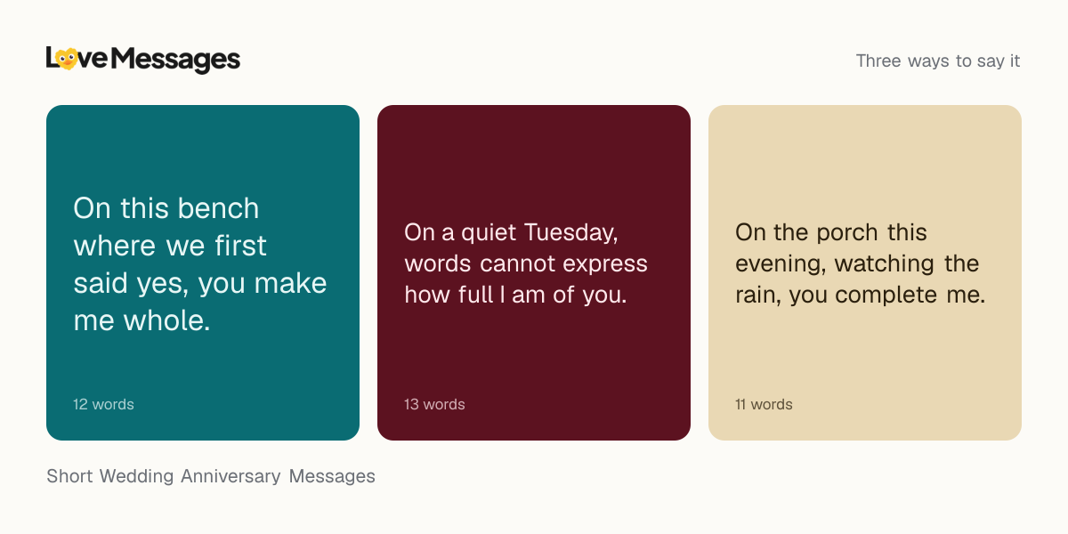 Three messages from this collection, each shown on a coloured card with its word count