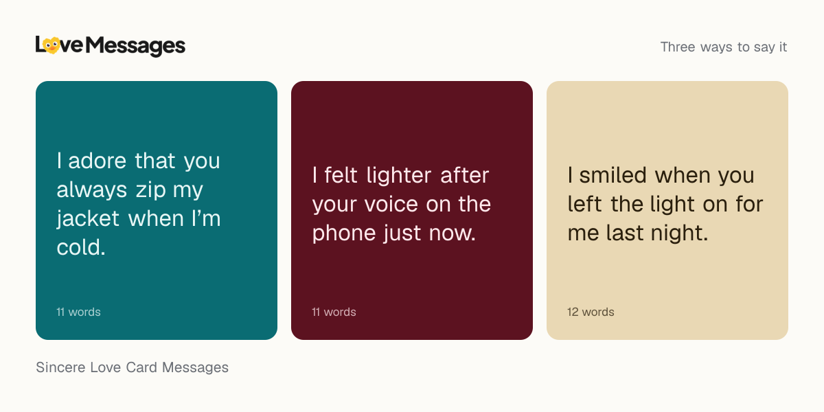 Three messages from this collection, each shown on a coloured card with its word count