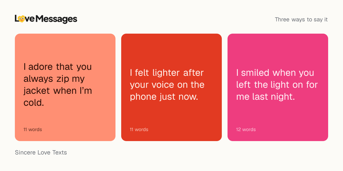 Three messages from this collection, each shown on a coloured card with its word count