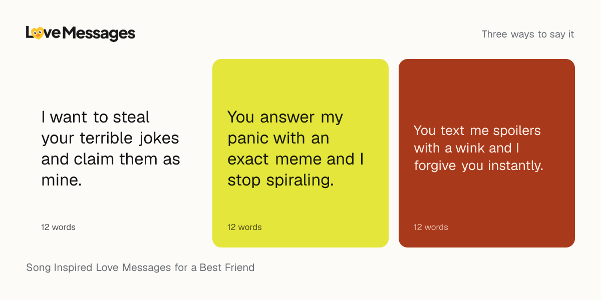 Three messages from this collection, each shown on a coloured card with its word count