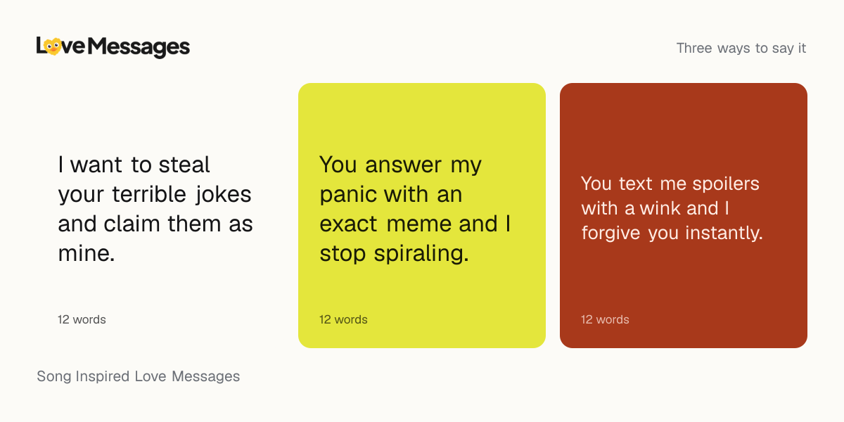 Three messages from this collection, each shown on a coloured card with its word count