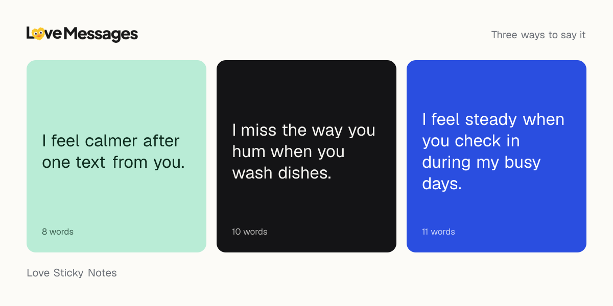 Three messages from this collection, each shown on a coloured card with its word count