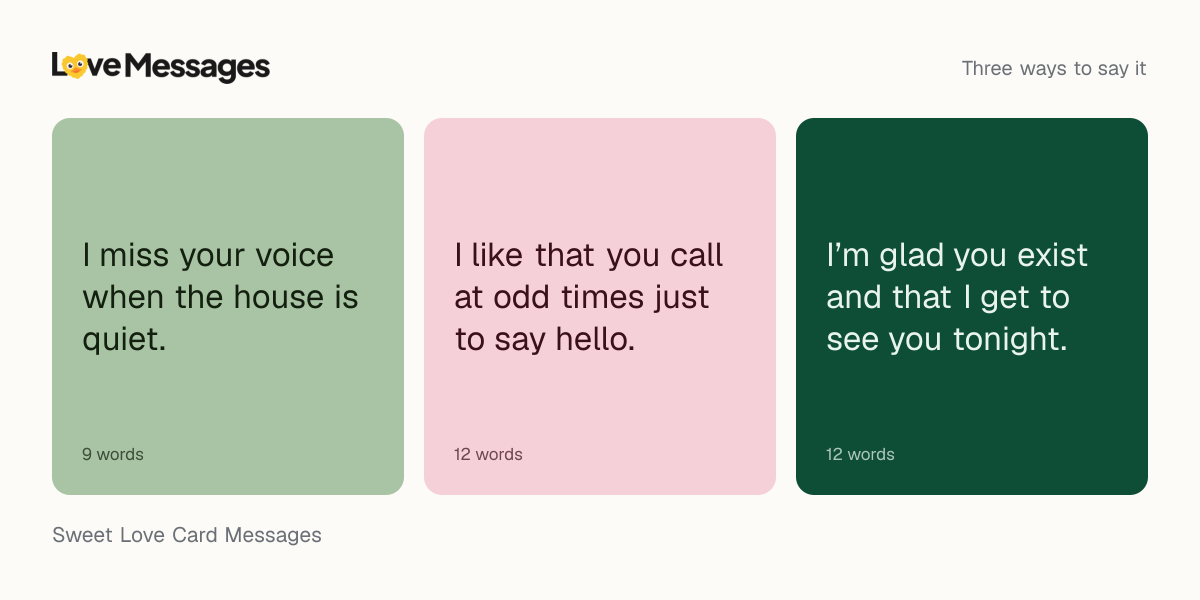 Three messages from this collection, each shown on a coloured card with its word count