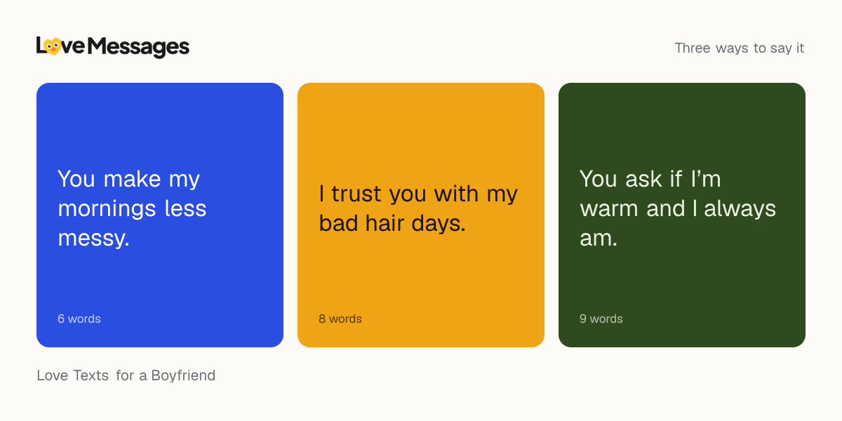 Three messages from this collection, each shown on a coloured card with its word count