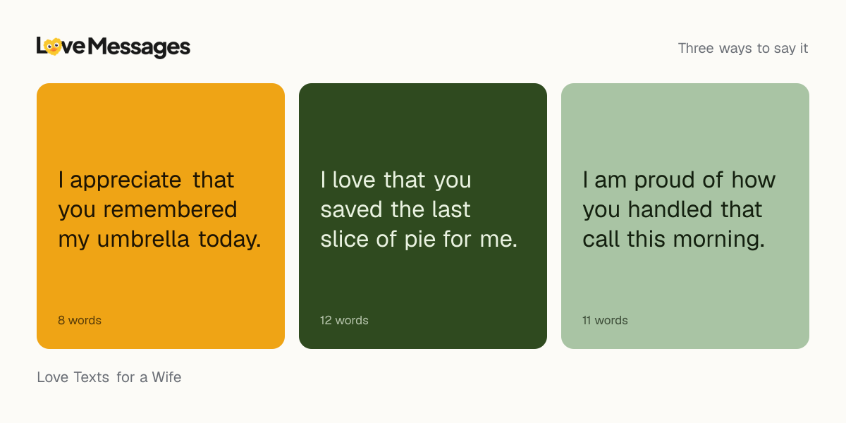 Three messages from this collection, each shown on a coloured card with its word count