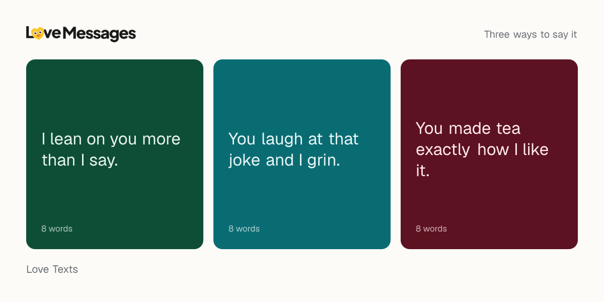 Three messages from this collection, each shown on a coloured card with its word count