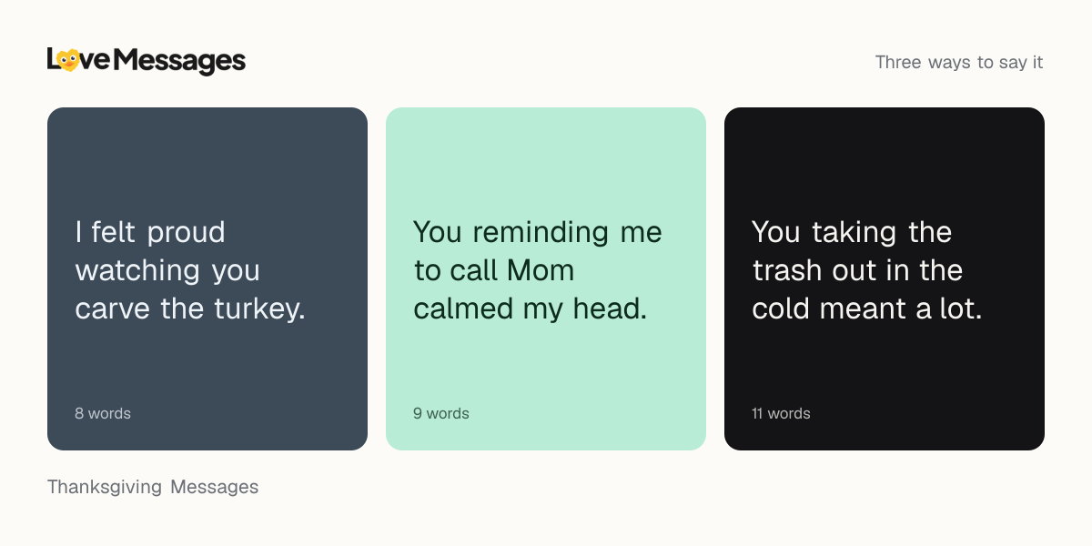 Three messages from this collection, each shown on a coloured card with its word count