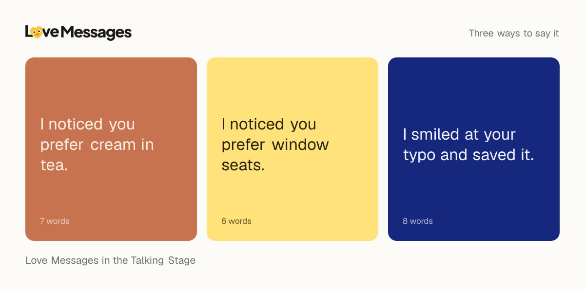 Three messages from this collection, each shown on a coloured card with its word count