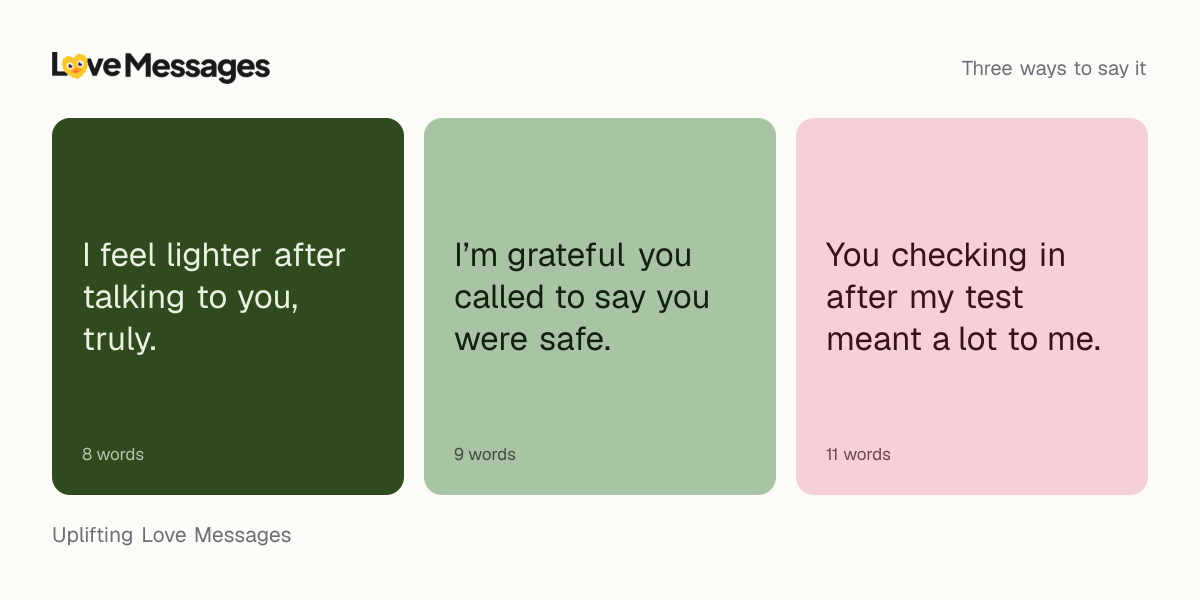 Three messages from this collection, each shown on a coloured card with its word count