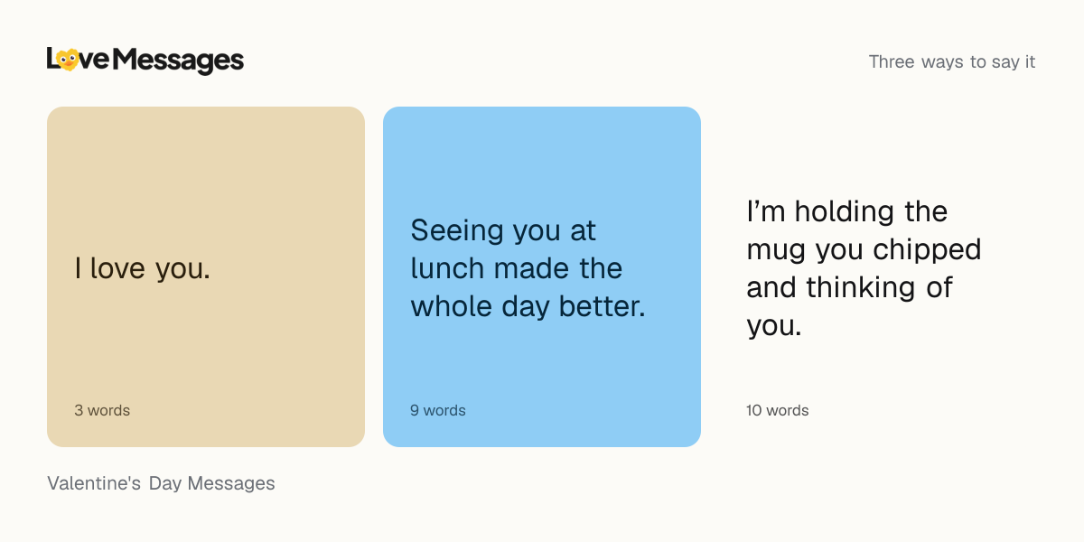Three messages from this collection, each shown on a coloured card with its word count