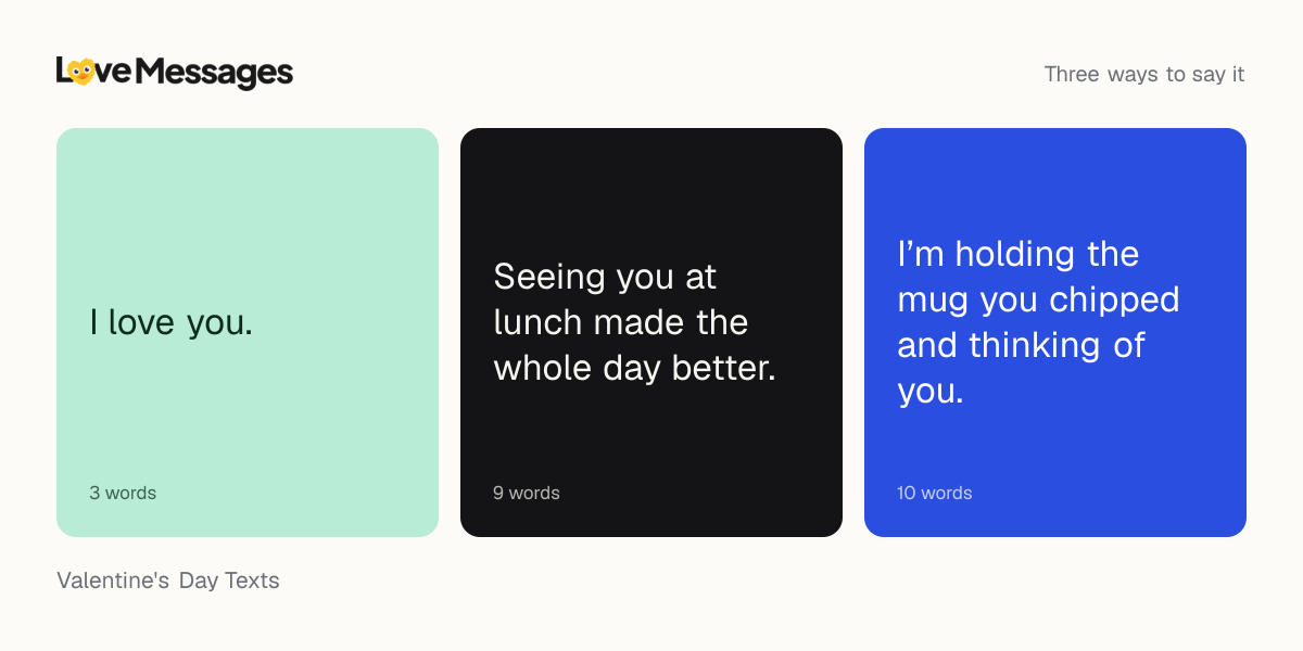 Three messages from this collection, each shown on a coloured card with its word count