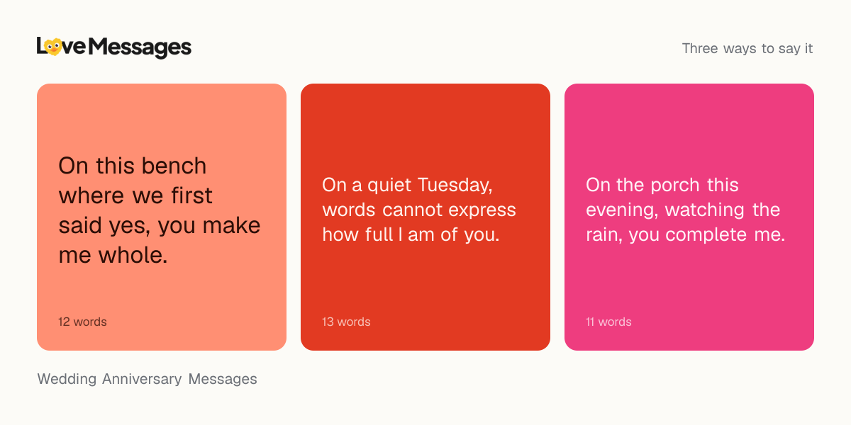 Three messages from this collection, each shown on a coloured card with its word count