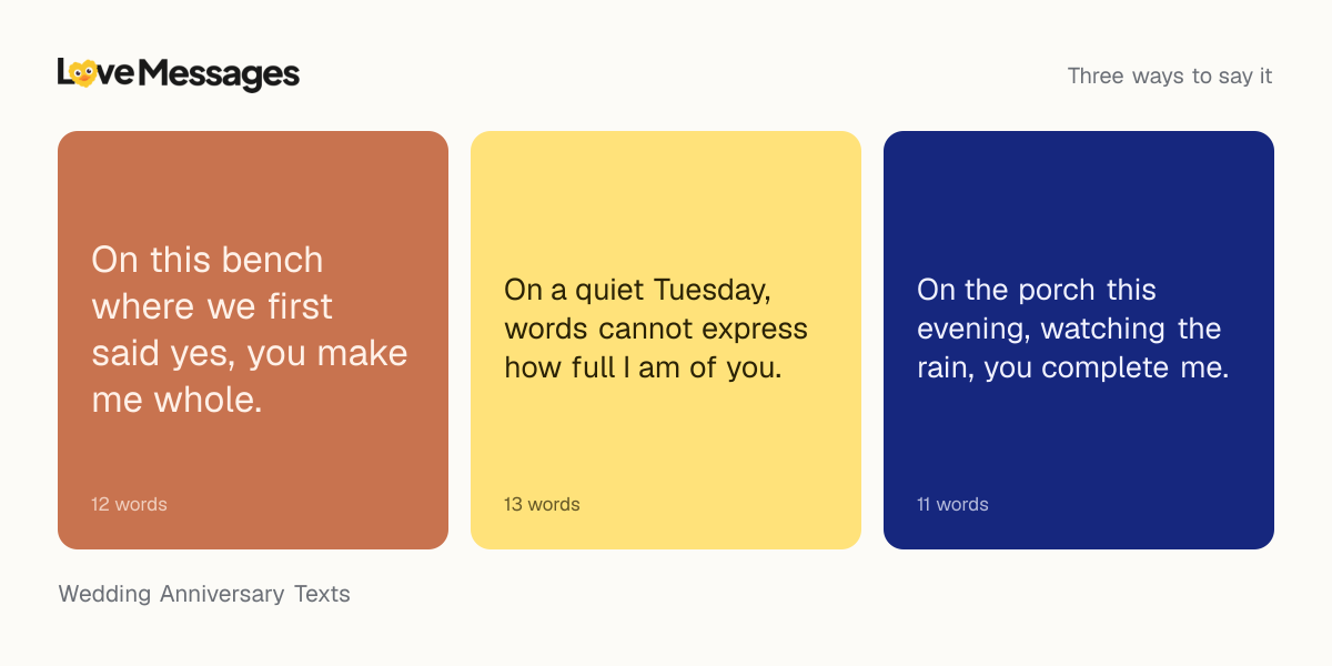 Three messages from this collection, each shown on a coloured card with its word count