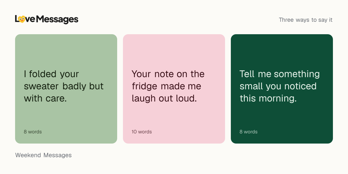 Three messages from this collection, each shown on a coloured card with its word count