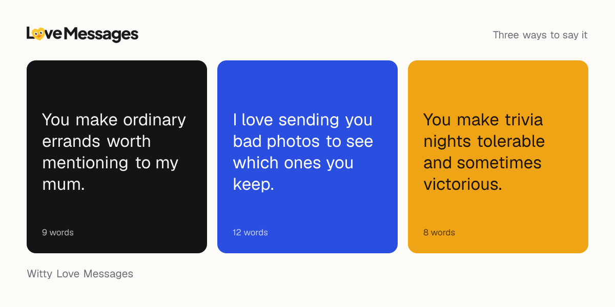 Three messages from this collection, each shown on a coloured card with its word count